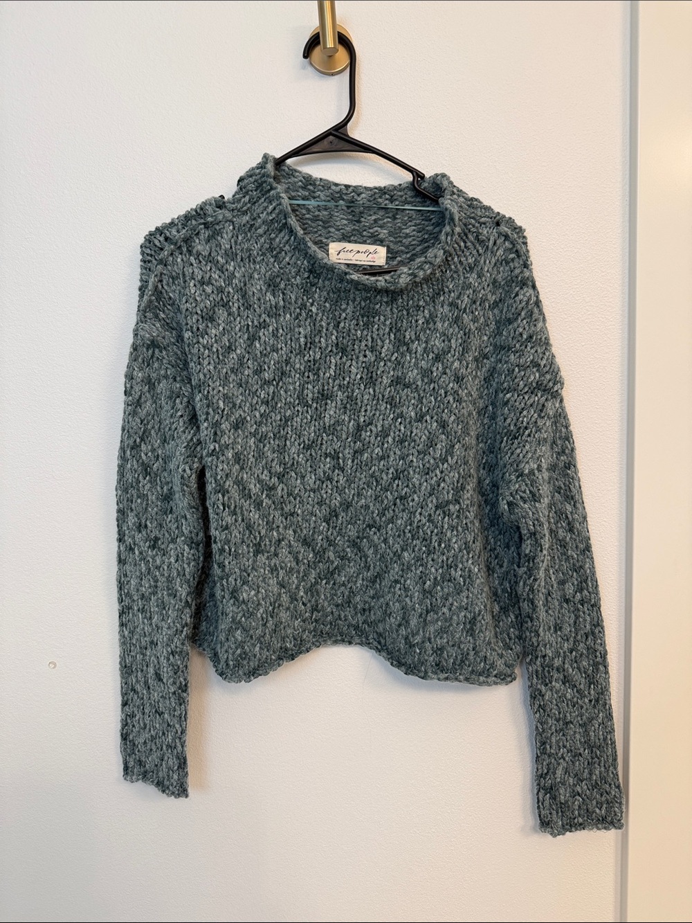 Free People Heathered Teal Chunky cropped Knit Sweater